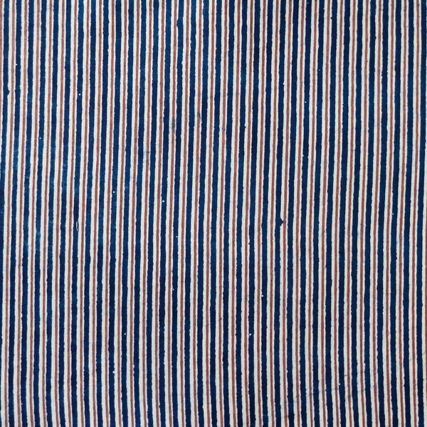 Pure Cotton Light Indigo Dark Indigo And Rust Tiny Stripes Hand Block Print Fabric