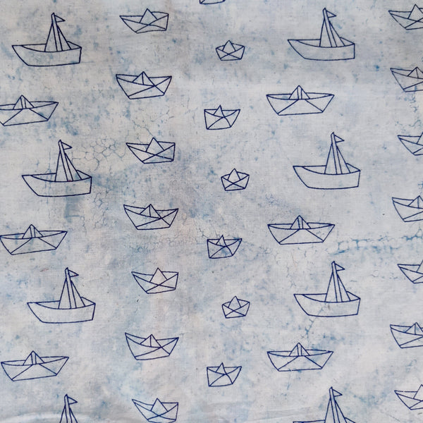 Pure Cotton Light Indigo With Boat Hand Block Print Fabric