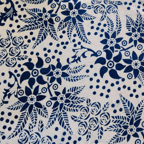 Pure Cotton Light Indigo With Bouquet Of Flowers Hand Block Print Fabric