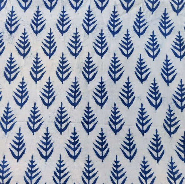 Pure Cotton Light Indigo With Dark Indigo Ferns Hand Block Print Fabric