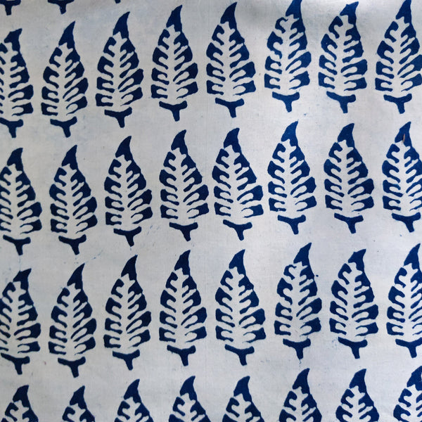 pre-cut(1.80 meter )Pure Cotton Light Indigo With Dark Indigo Ferns Hand Block Print Fabric