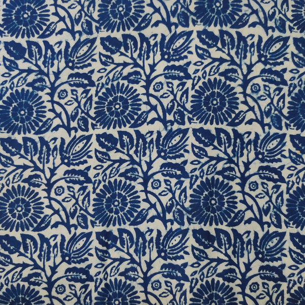 Pure Cotton Light Indigo With Dark Indigo Floral Hand Block Print Fabric