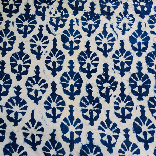 Pure Cotton Light Indigo With Dark Indigo Flowers Motif Hand Block Print Fabric