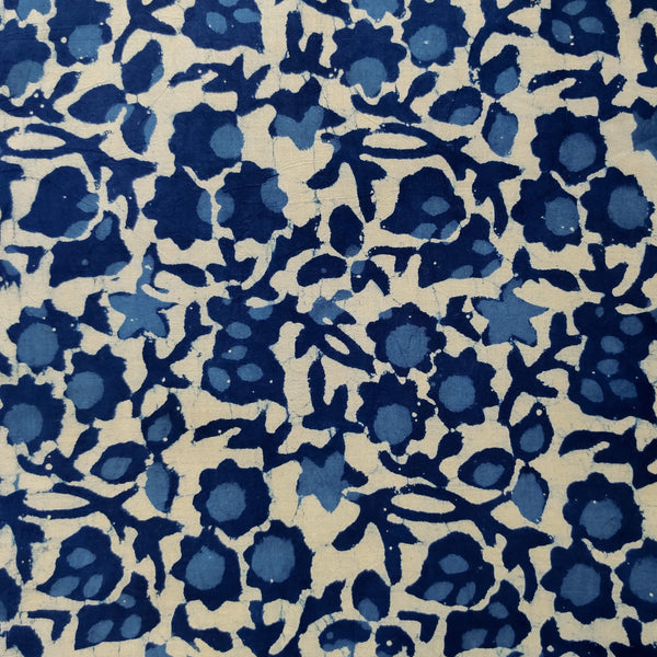 Pure Cotton Light Indigo With Dark Indigo Fruit Flower Jaal Hand Block Print Fabric