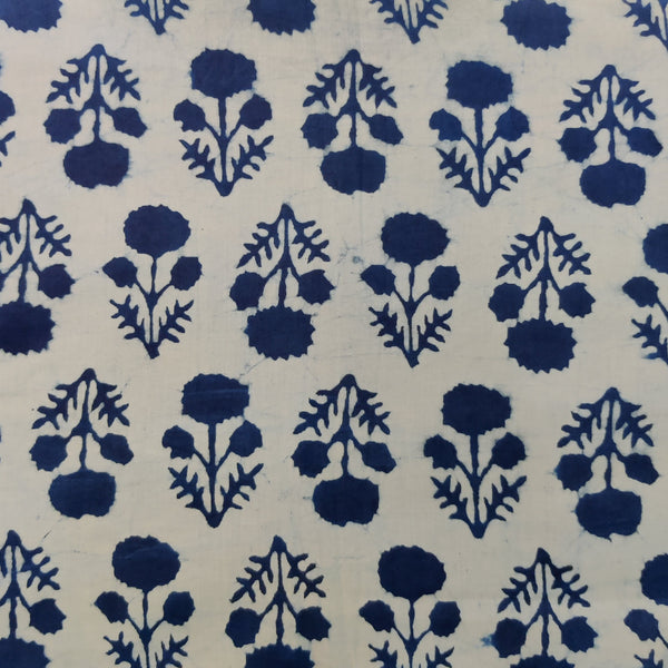 Pure Cotton Light Indigo With Dark Indigo Plant Motif Hand Block Print Fabric