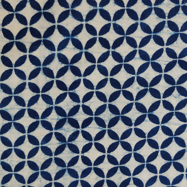 Pure Cotton Light Indigo With Geometric Four Petal Flower Hand Block Print Fabric