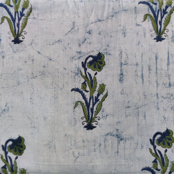 Pure Cotton Light Indigo With Green Blue Plant Hand Block Print Fabric