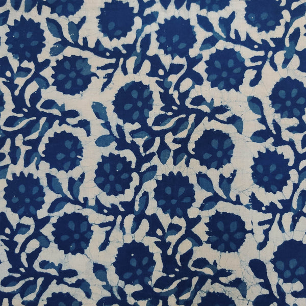 Pure Cotton Light Indigo With Indigo Floral Jaal Hand Block Print Fabric