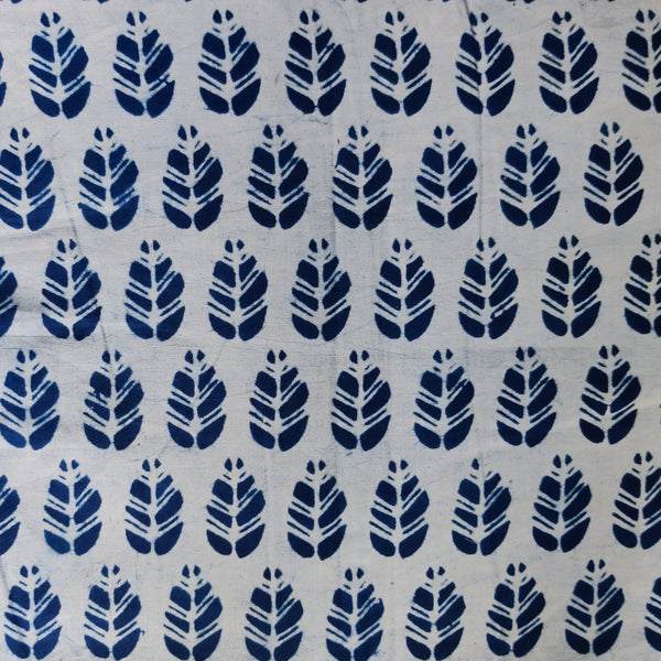 Pure Cotton Light Indigo With Leaf Motif Hand Block Print Fabric