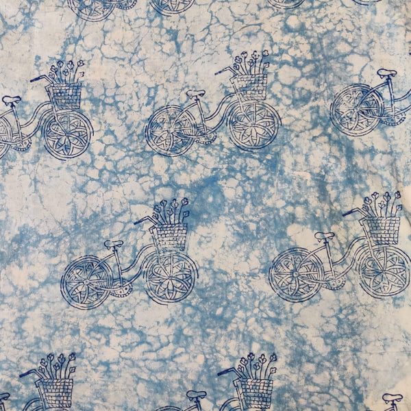 Pure Cotton Light Indigo With Outlined Bicycle Hand Block Print Fabric