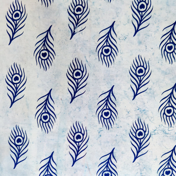 Pure Cotton Light Indigo With Peacock Feather Hand Block Print Fabric