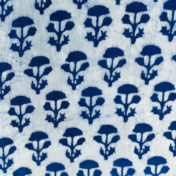 Pure Cotton Light Indigo With Plant Motif Hand Block Print Fabric