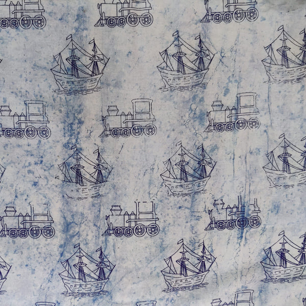 Pure Cotton Light Indigo With Shios And Trains Hand Block Print Fabric