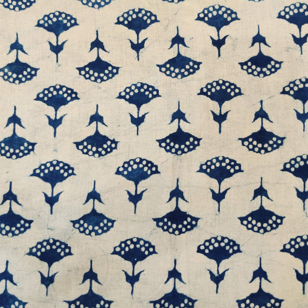 Pure Cotton Light Indigo With  Flower Motif Hand Block Print Fabric