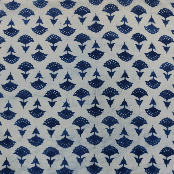 Pure Cotton Light Indigo With Tiny Plant Hand Block Print Fabric