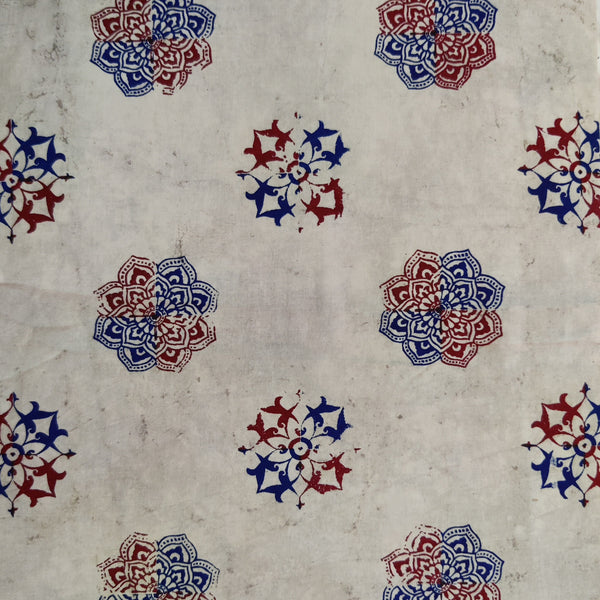 Pure Cotton Light Kashish Dabu With Red And Blue Motifs Hand Block Print Fabric