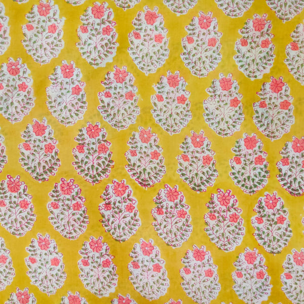 Pure Cotton Light Mustard Yellow With Tiny Light Pink Flower Plant Hand Block Print Fabric