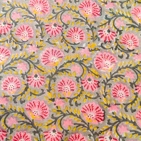 Pure Cotton Light Pastel Grey With Pink Grey And Yellow Jaal Hand Block Print Fabric