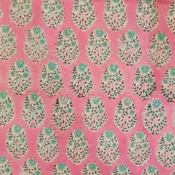 Pure Cotton Light Pink With Tiny Light Blue Flower Plant Hand Block Print Fabric