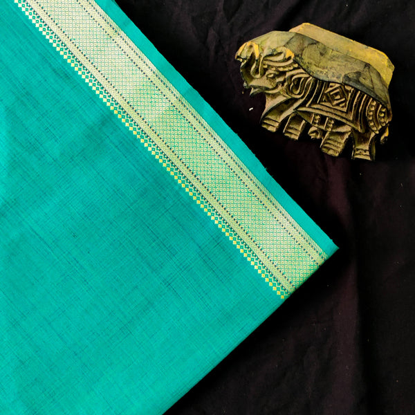 Pure Cotton Mangalgiri Teal With Border Woven Fabric