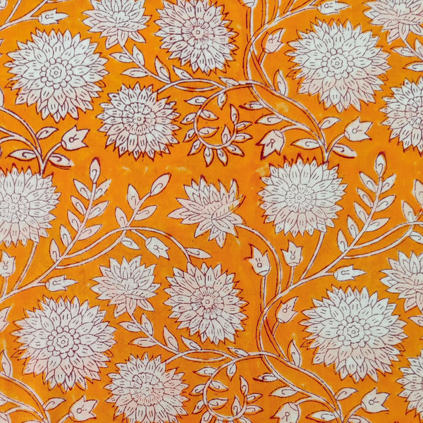 Pure Cotton Mango Mustard Jaipuri With White Flower Jaal Hand Block Print Fabric