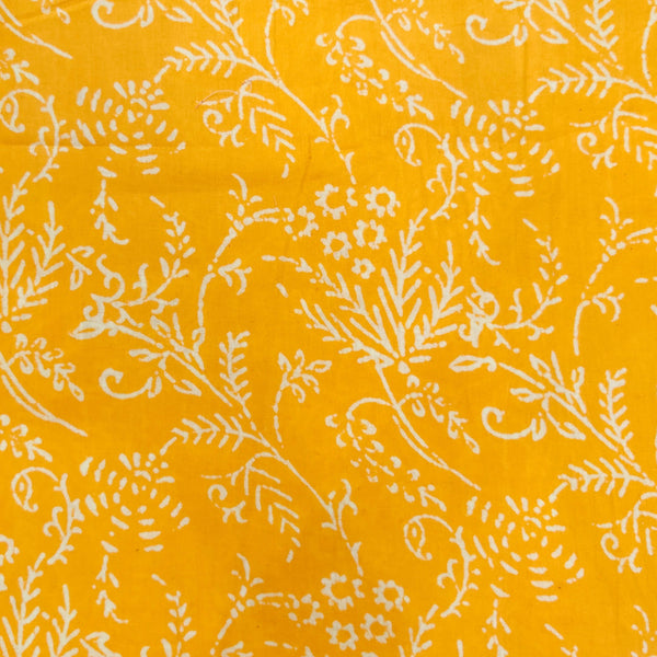 Pure Cotton Mango Yellow Dabu With Cream Jaal Hand Block Print Fabric