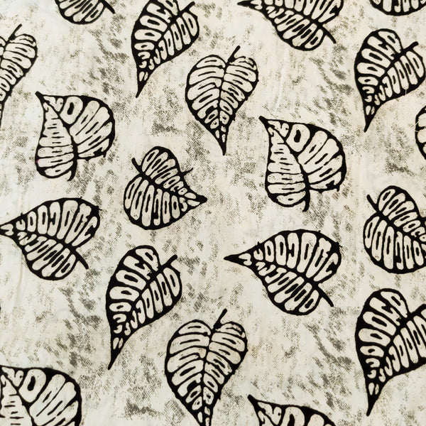 Pure Cotton Marble White With Black Leaves Screen Print Blouse Fabric ( 90 Cm )