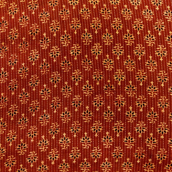 Pure Cotton Maroon Ajrak Kaatha With Black Tiny Motif Hand Block Print Fabric