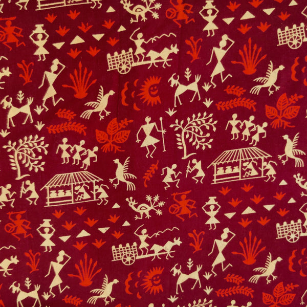 Pure Cotton Maroon Screen Print With Warli Village Screen Print Fabric