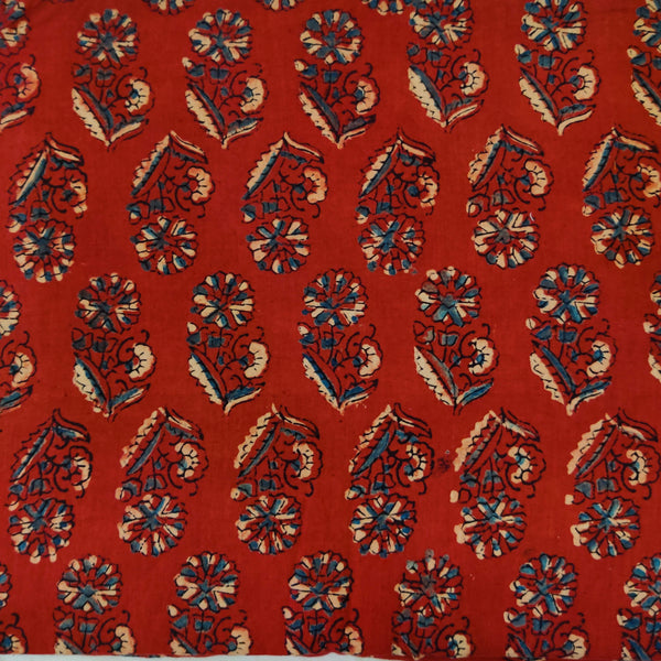 Pure Cotton Maroon With Blue Cream Flower Plant Motif Hand Block Print Fabric