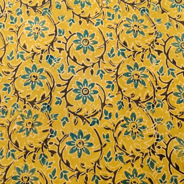 Pure Cotton Medallion Yellow Ajrak With Floral Jaal Hand Block Print Fabric