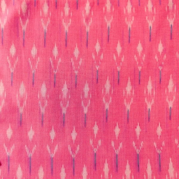 Pure Cotton Mercerised Ikkat Pink With Cream And Blue Plant Woven Motif Hand Block Print Fabric