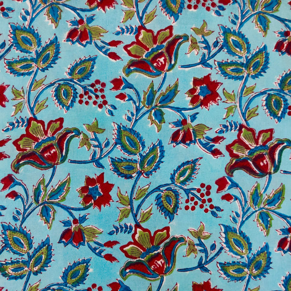 Pure Cotton Midnight Blue With Red Wild Flower Jaal Hand Block Print Fabric