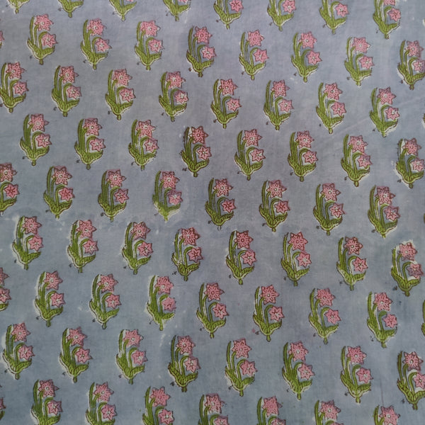 Pure Cotton Mul Jaipuri Grey With Pink Double Flowers Hand Block Print Fabric