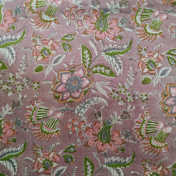 Pure Cotton Mul Jaipuri Pastel Chickoo  With Peach Green Wild Jaal Hand Block Print Fabric