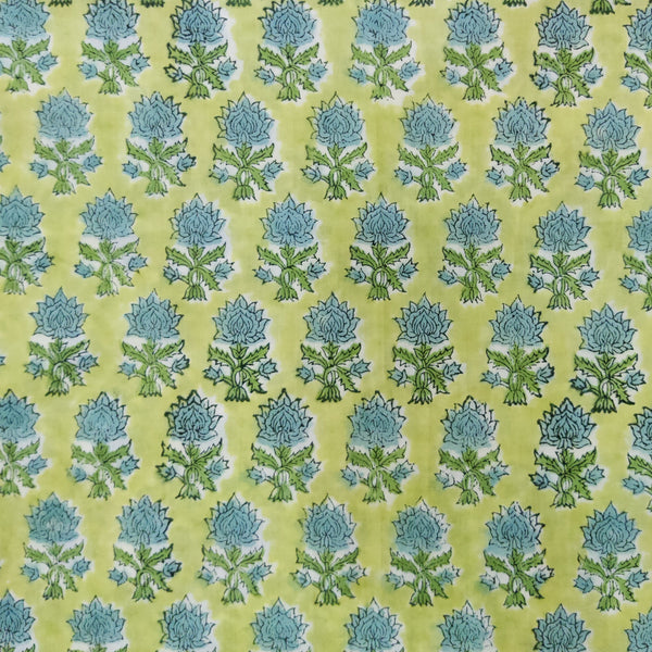 Pure Cotton Mul Jaipuri Pastel Green With Light Blue Single Flower Motif Hand Block Print Fabric