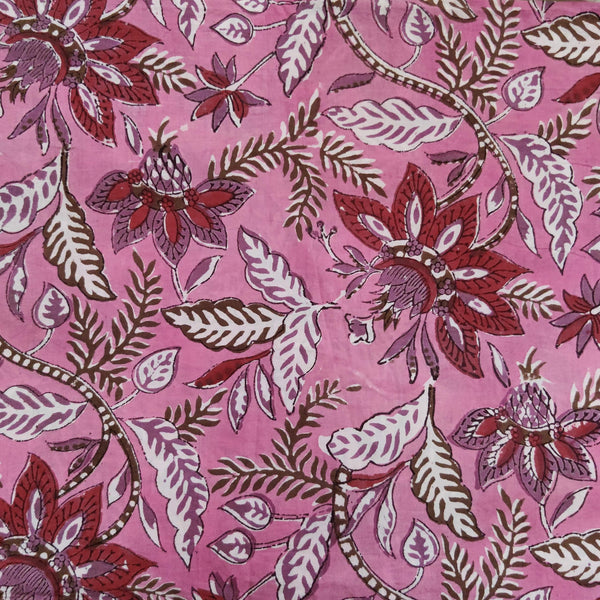 Pure Cotton Mul Jaipuri Pink With Wild Floral Jaal Hand Block Print Fabric