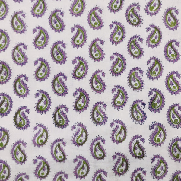 Pure Cotton Mul Jaipuri White With Purple Kairi Motif Hand Block Print Fabric