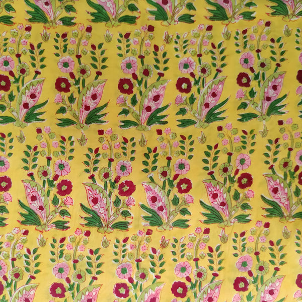 Pure Cotton Mul Jaipuri Yellow With Floral Bush Hand Block Print Fabric