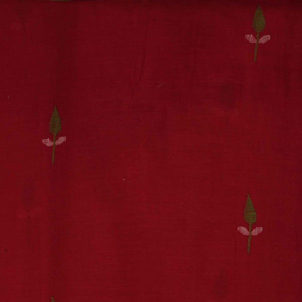 Pure Cotton Mul Red With Jamdani Green Cream Plant Woven Fabric