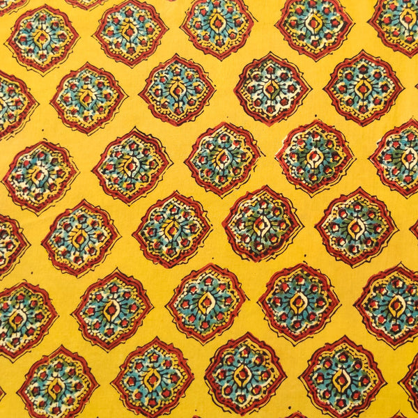 Pure Cotton Mustard Ajrak With Intricate Mehendi Motif Hand Block Print Fabric