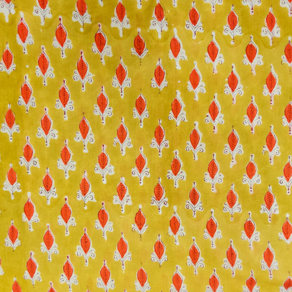 Pure Cotton Mustard Jaipuri With Orange Leaf Motif Hand Block Print Fabric (1)