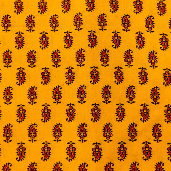 Pure Cotton Mustard Screen Print With Maroon Kairi Motifs Screen Print Fabric