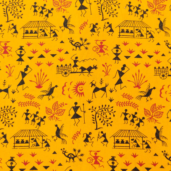 Pure Cotton Mustard Screen Print With Warli Village Screen Print Fabric