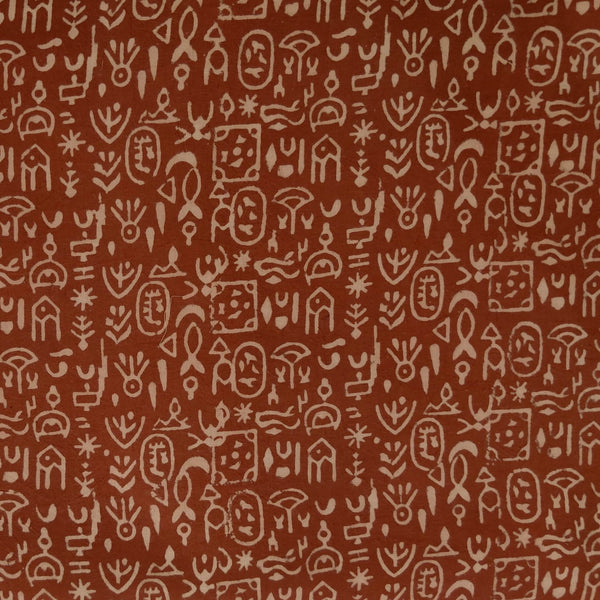 Pure Cotton Napthol Discharge Brown With Cream Tribal Warli Hand Block Print Fabric