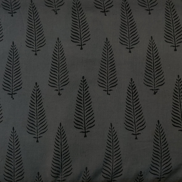 Pure Cotton Napthol Discharge Grey With Black Fern Motifs Hand Block Print Fabric