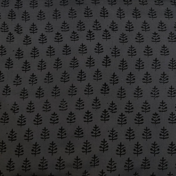 Pure Cotton Napthol Discharge Grey With Black Plant Motifs Hand Block Print Fabric