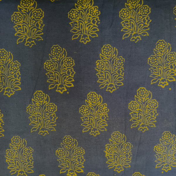 Pure Cotton Napthol Discharge Grey With Yellow Big Flower Block Motifs Hand Block Print Fabric