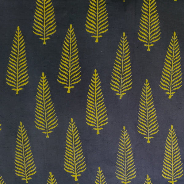 Pure Cotton Napthol Discharge Grey With Yellow Fern Motifs Hand Block Print Fabric