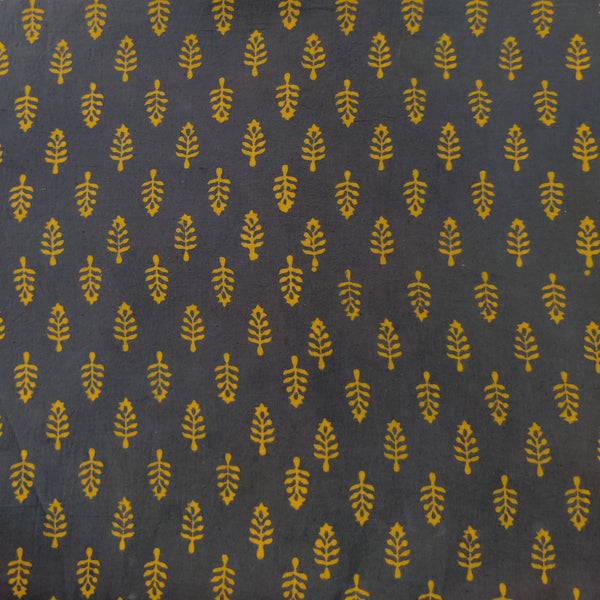 Pure Cotton Napthol Discharge Grey With Yellow Plants Motifs Hand Block Print Fabric